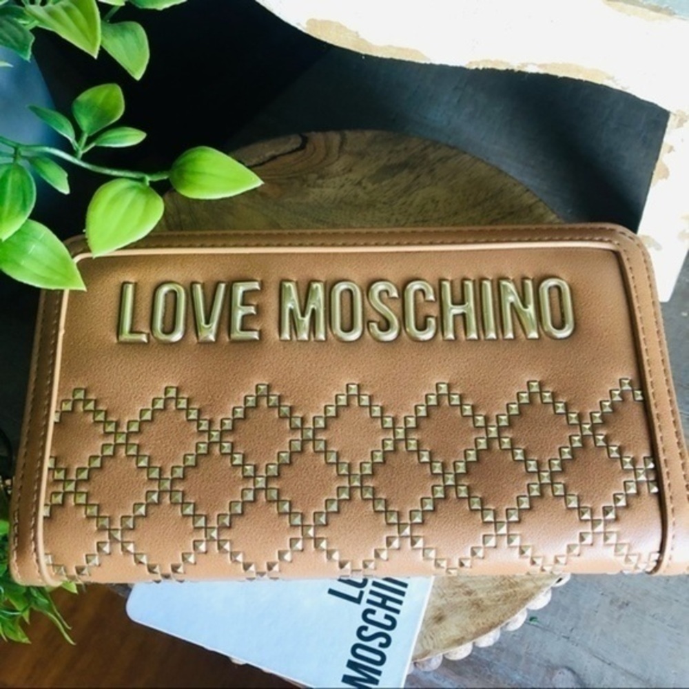 Love Moschino Studded Continental Wallet Tan Gold Hardware Leather NWT